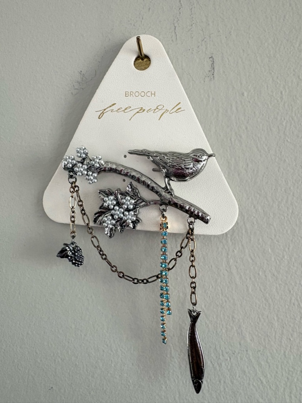 Free People Silver Bird Branch Brooch with Blue Crystal Chain
